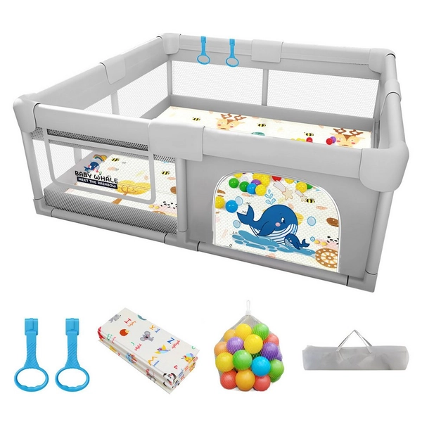 SEHAUSEU Laufgitter Laufstall Baby Krabbelgitter mit Spielmatte 1,5m×1,8 m/1,2m×1,2m, mit Ozeanbälle, Tragetasche, Stehender Zugring