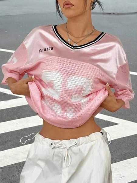 SHEIN EZwear Pink Women's Sports Jersey Numeric Printed T-Shirt