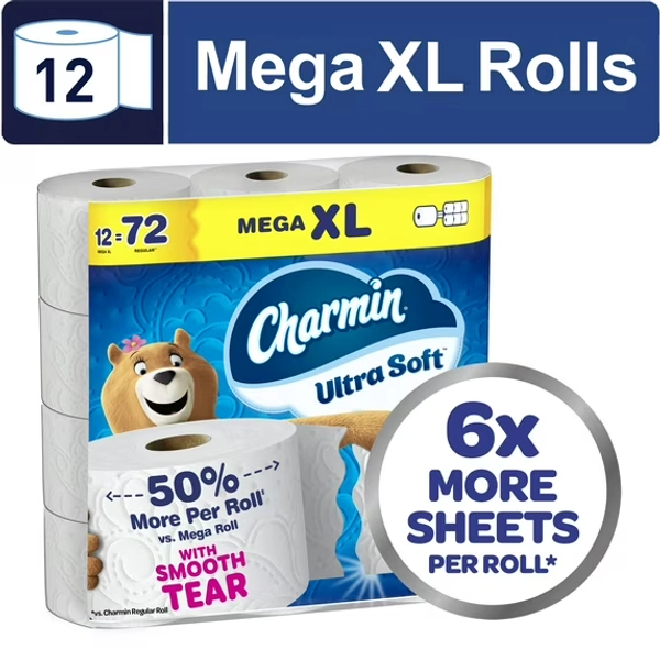 Charmin Toilet Paper Ultra Soft, 12 Mega XL Rolls, 2-Ply Bath Tissue