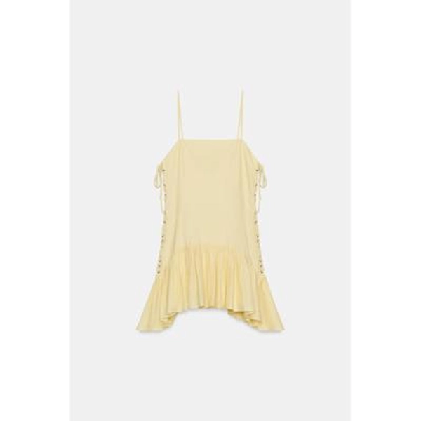 Zara - Ruffled Poplin Dress With Drawstrings - Light Yellow - S - Woman