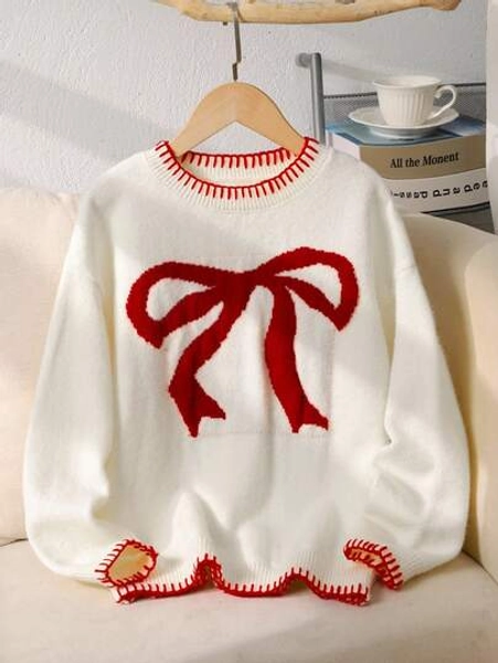 SHEIN Tween Girl Loose Casual Minimalist Comfortable Round Neck Long Sleeve Butterfly Pattern Sweater Fall Winter