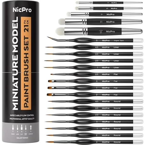 Nicpro Miniature Paint Brushes Drybrush - 21PCS Model Paint Brush Set for Acrylic, Watercolor Detail Paint Brush Dry Brush for Miniature Model, Paint by Number- with Container