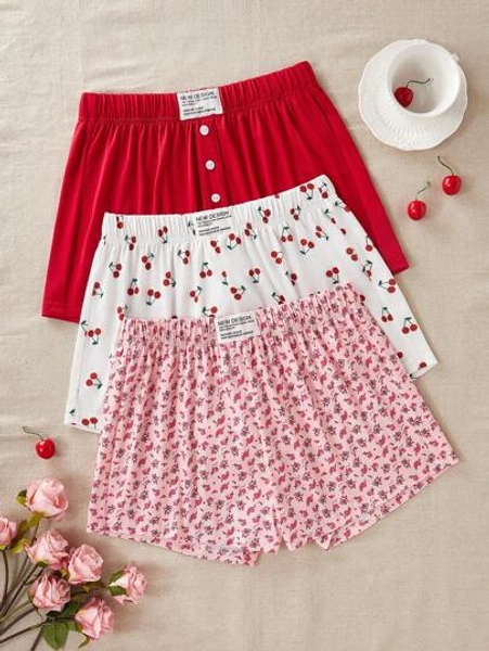 CottageSlumber CottageSlumber 3pcs Printed Casual Sleep Shorts Set For Women Bountiful Floral Splendor  Cozy And Elegant Details