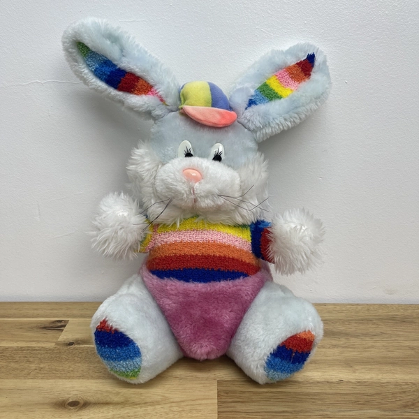 Vintage 80’s Style Pride Month Rabbit Plush Rainbow Dress Soft Toy