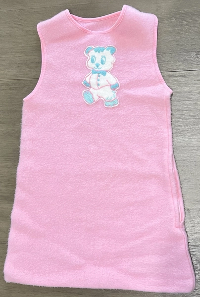 Vintage 70s 80s Baby Sleep Sack Sleeper Pink Fleece Teddy Bear Appliqué