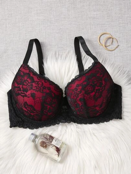 1pc Plus Size Lace Underwire Bra Lingerie, Lift