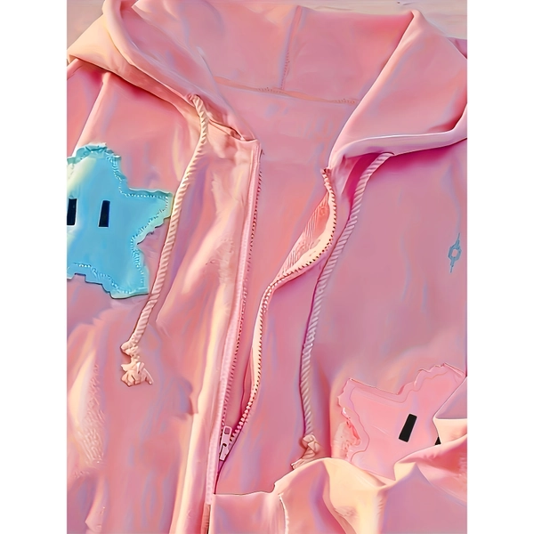 Women's Y2K Pink Star Print Zip-Up Hoodie, Cute Kawaii Style Casual Streetwear Sweatshirt