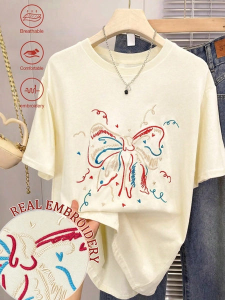 Resyla Colorful Bow Embroidered Oversized Loose Mid-Length Round Neck Drop Shoulder Women T-Shirt, Gift For Friends