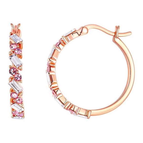 Chrystina 14k Rose Gold Flash Plated Baguette Round Crystal Hoop Earrings