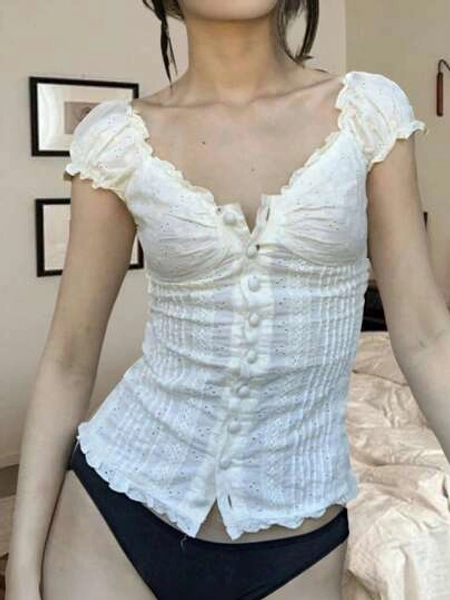 Women Y2K Fairy Grunge Shirts Puff Short Sleeve V-Neck Ruffle Crop Top Summer Button-Down T-Shirts Blouses E-Girls Aesthetic Tees Tops Clothes
