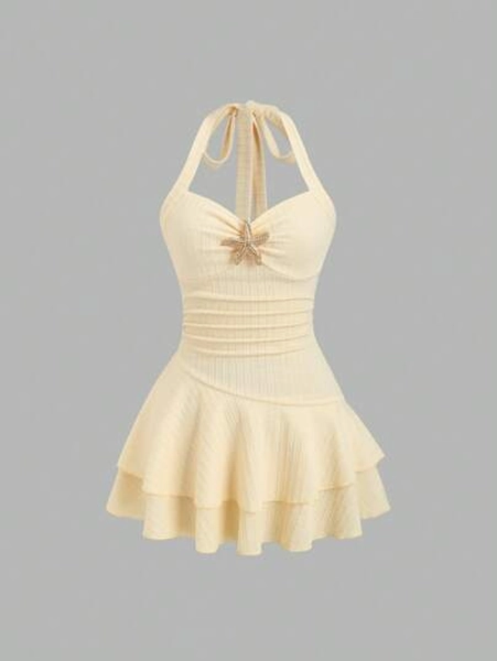Sweetra Women's New Spring Summer Suitable For Beach Vacation Elegant Textured Fabric Halter Tie Front Ruched Bust Metal Decor Layered Ruffle Hem Playful Mini Dress