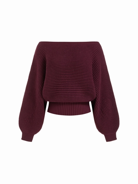 Knit Boat Neck Long Sleeve Cinched Waist Oversized Top