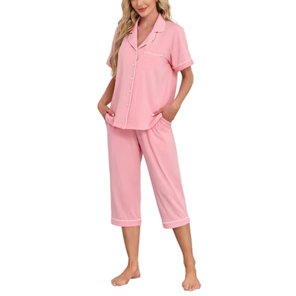 ANLIQI Women's Pajama Sets Modal Short Sleeve Button Down Sleepwear Summer Capri Soft Pajamas Set (Sage Green, Large)