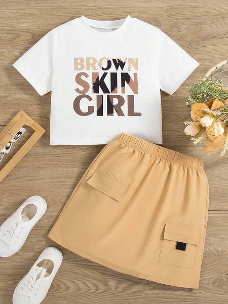 2pcs/Set Tween Girl Casual Daily Outing Fashion Printed Letter Pattern Regular Fit Round Neck Short Sleeve T-Shirt And Pocket Design A-Line Skirt Set, Summer