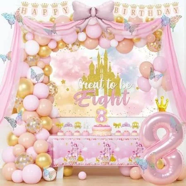 Princess 8th Birthday Party Decorations, 116 PCs - 8 Birthday Party Supplies Girl with Great to Be Eight Fairytale Backdrop, Pink Gold Balloon Garland