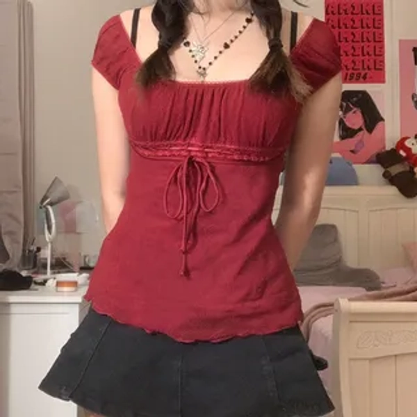 Short Sleeve Off Shoulder Plain Lace Panel Tie-Front Sheer Top