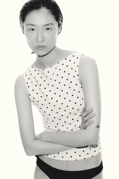 Printed Boat-Neck Top - Cream/polka dot