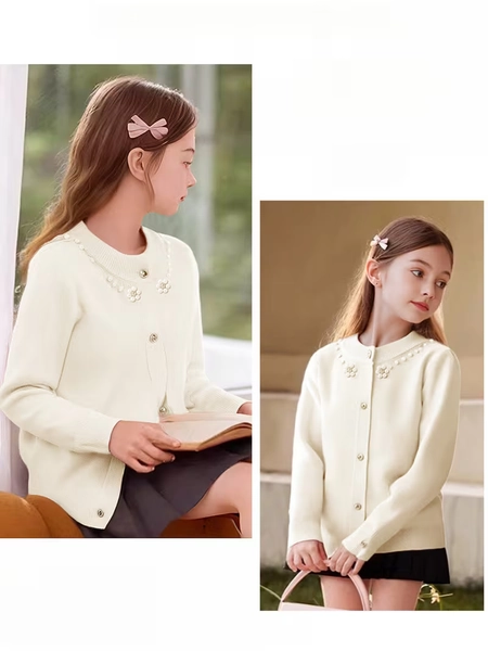 girls elegant pearl button front cardigan sweater soft knit - Temu