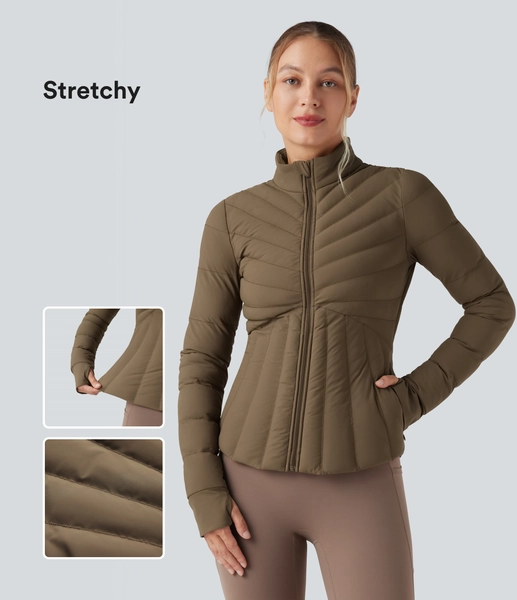 PuffFlex Stand Collar Thumb Holes Stretchy Workout Padded Jacket with Pockets