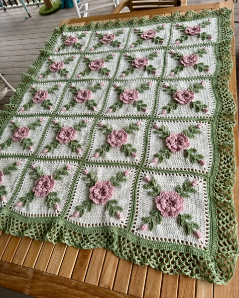 Crocheted Rose Afghan Blanket: Rose Pink, Sage Green, & Off-White