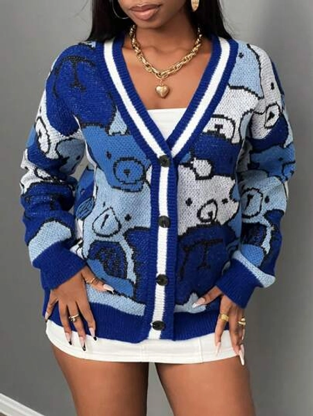 Slaydiva Women Casual Crew Neck Long Sleeve Bear Pattern Knitted Cardigan, Suitable For Autumn/Winter Home Wear,Long Sleeve Tops