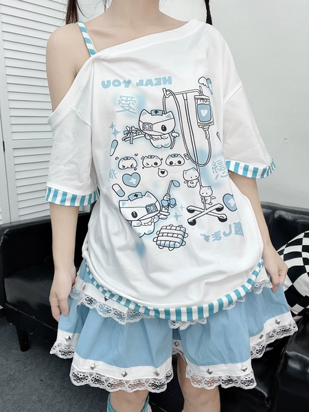 Gothic Woman Clothing Y2k Harajuku T-shirts Japanese Female Clothing Patchwork Kawaii Sweet Cartoon Print stripe y2k Clothes Top - AliExpress 200000345