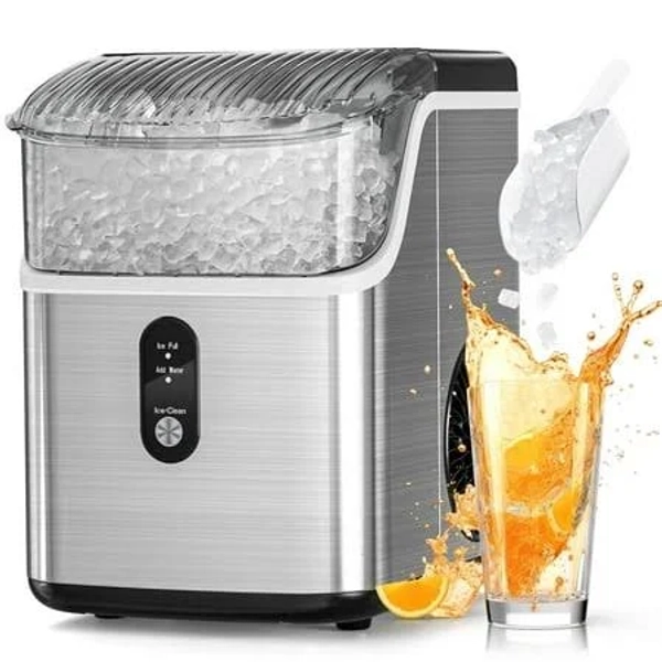 Free Village Nugget Ice Makers Countertop,Pebble Ice Maker Machine with Soft Chewable Ice,35lbs/24H,Self-Cleaning,One-Click Operation,Stainless Steel,
