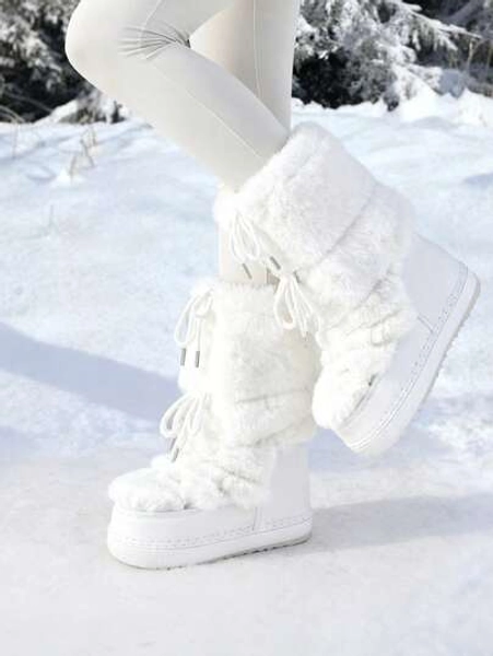 Faux Fur Boots For Women Winter Snow Boots Platform Lace Up Round Toe Boots Warm Snow Shoes Fluffy Winter Boots - Size US8.5