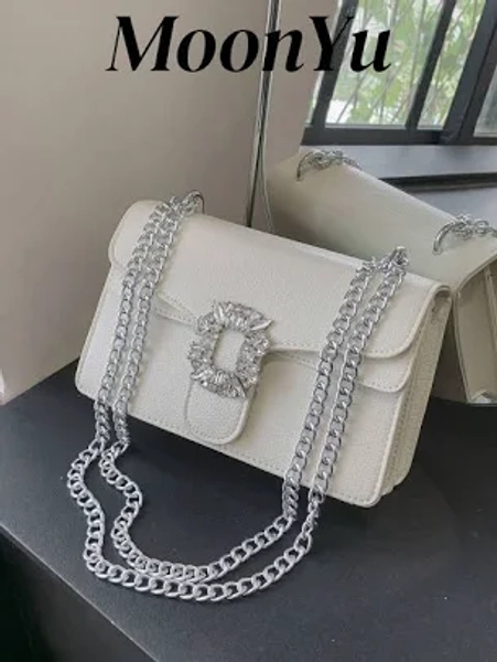 Bolsa de Ombro Feminina Bolsa Quadrada Pequena Branca com Fecho de Strass Bolsa a Tiracolo em Forma de Laço Y2K