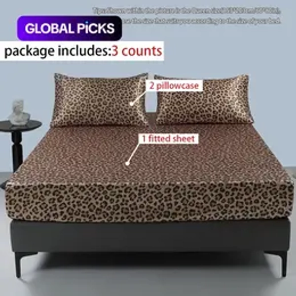Satin Leopard Print Bedding Set, Leopard Print Sheets, 3 Counts/set Including 1 Soft Comfortable Fitted Sheet & 2 Pillowcases without Filler, Bed Linens for Home, Hotel & Bedroom Decor, Room Accessories, Bedding Supplies #GLOBAL PICKS