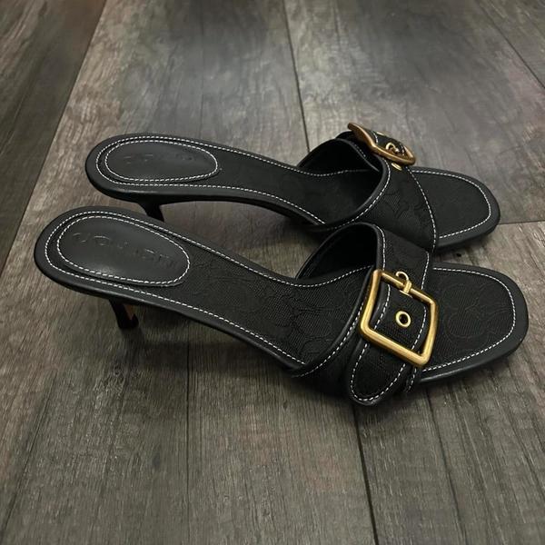 Coach black leather heels with gold buckle #luxury...