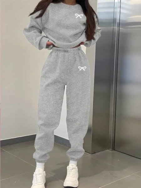 SHEIN Teen Girls Casual Minimalist Bow Graphic Sweatshirt and Pants Set