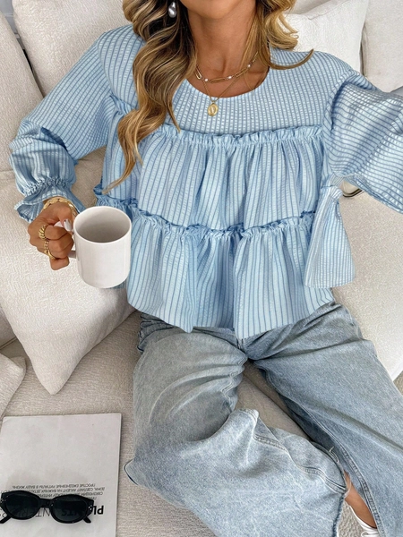 Serisse Women's Casual Striped Ruffle Hem Blouse, Autumn Spring Baby Blue Top Women Light Blue Top