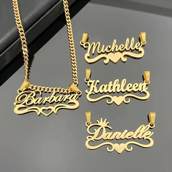 1 Personalized Stainless Steel Custom Name Necklace - Handwritten Font with Heart Accents, Vintage Bohemian Golden Tone Chain, Mother'S Day/Father'S Day Gift, Unisex, Everyday Decorative Jewelry, Customizable Nameplate, Emotional Keepsake