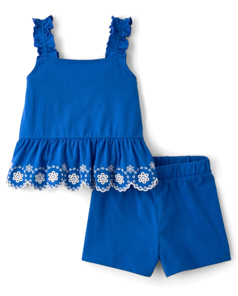 Toddler Girls Embroidered Eyelet 2-Piece Outfit Set - COBALT SEA