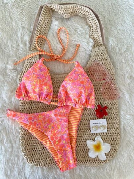 Swim Mod 2pcs/Set Women Cute Random Floral Print Reversible Halter Top And Adorable Bottoms Bikini Swimsuit Set, Holiday & Beach For Summer Beach Vacation