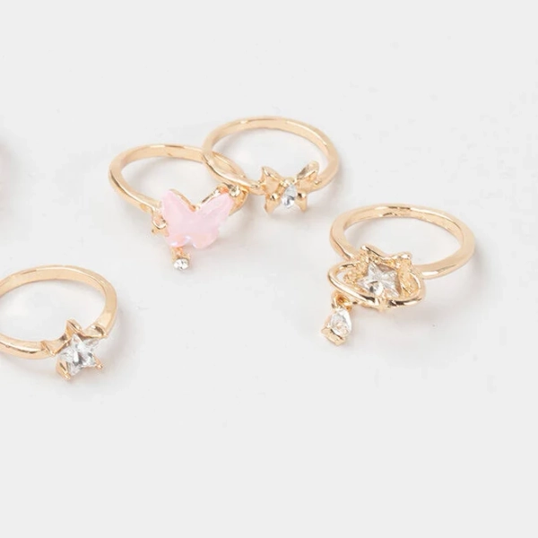 Full Tilt 6 Pack Butterfly/star/moon Rings - Gold - Size: 8