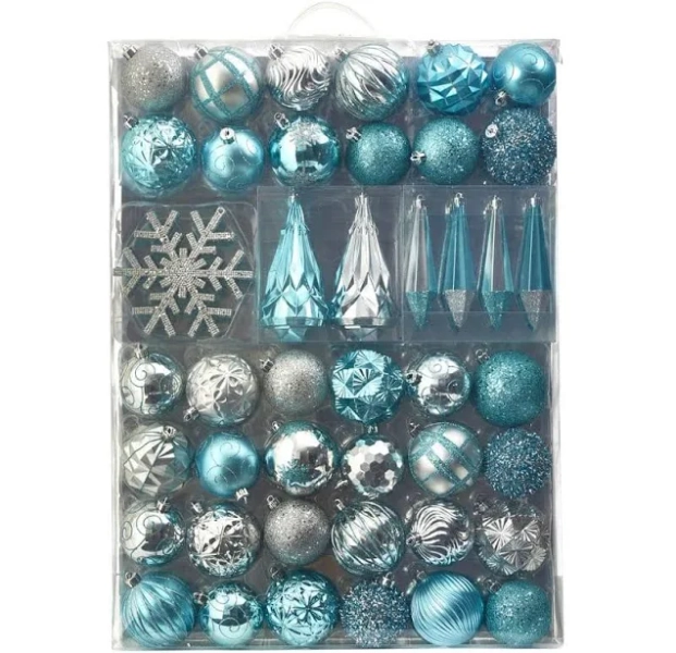 Nearly Natural Holiday Shatterproof Blue Christmas Tree Ornament Box Set with Reusable Tray