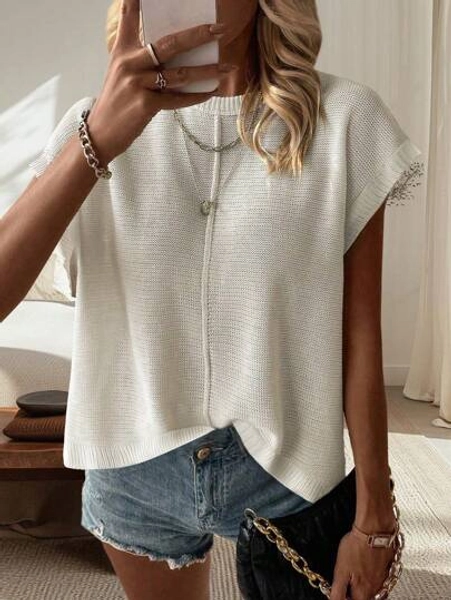 Knit Mix Elegant Women's Chic White Loose Fit Cropped Knit Vest Top - Streetwear Casual Sleeveless Crew Neck SummerShirt Modest Vintage Old Money Style Back To School Fall Women Clothes Autumn Winter,Suitable For Christmas, Thanksgiving, And New Year
