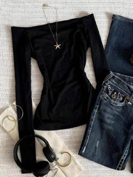 SHEIN Fashionable Minimalist Off-Shoulder Long Sleeve T-Shirt, Gift For Friends - Size XS