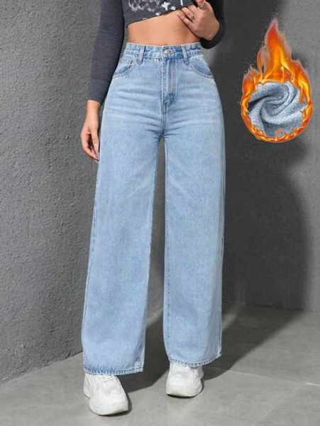 SHEIN EZwear Women's High Waist Pocketed Thermal Lined Loose Fit Wide Leg Casual Jeans