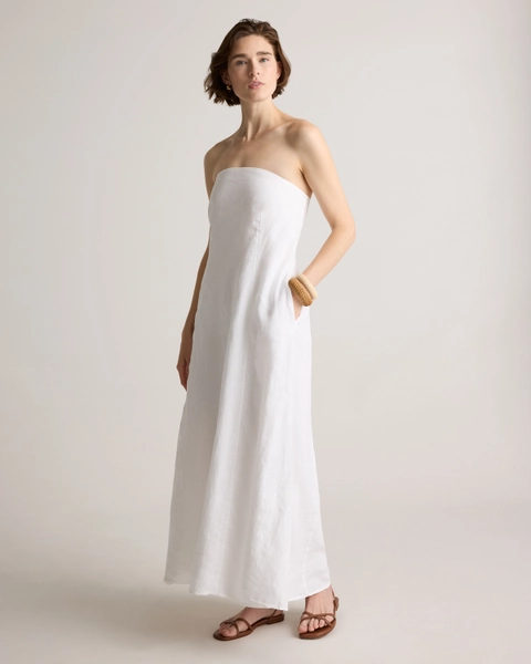 100% European Linen Strapless Maxi Dress in White