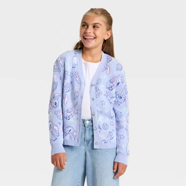 Girls' Disney Stitch Button-Up Cardigan - Blue