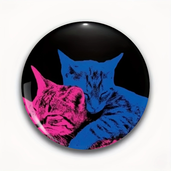 [Stylish Anime Cat Brooch] Vibrant Pink & Blue Anime Cat Hug Brooch Pin | Stylish Round Badge, Unisex Accessory, Plastic Material, Creative Gift for Friends and Family