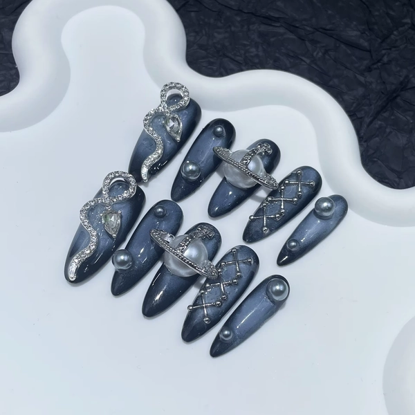 Mysterious Cosmic Press On Nails Dark Blue With Diamond Snake Planet Design For Events  With 3D Snake Planet Constellation Decor - AliExpress 