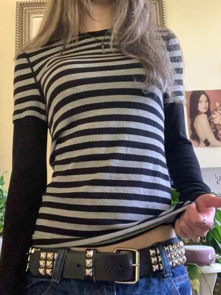 Women Y2k Fairycore Slim Fit Striped Long Sleeve Shirt Grunge Tops Vintage Aesthetic Gothic Color Block Tees Fairy Teens Girls Cotton Shirts Fake Two Piece Shirt
