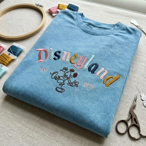Disneyland EST 1955 Embroidered Washed Shirt, Vintage Disneyland T-Shirt, Disney Park Shirt, Family Vacation Outfit, Classic Disney Gift