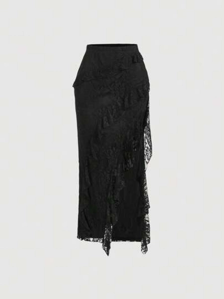 SHEIN MOD Women Black Ruffled High Slit Lace Skirt, New Years, Christmas, Party, Beach Vacation , Clothes, Street Wear Women, Valentine Clothes Women