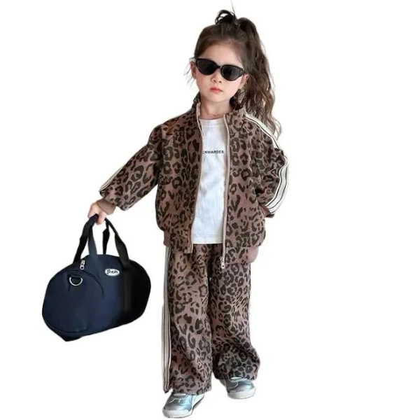 Girls' Trendy Leopard Print Jacket and Pants Set