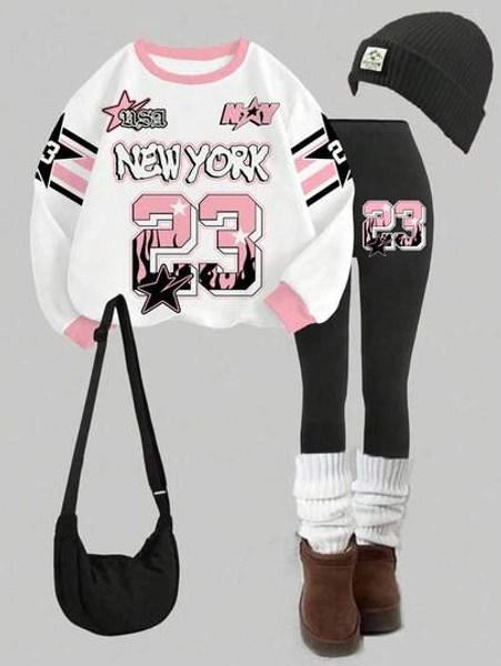 Slaydiva White Sweatshirt+Black Leggings/Going Out Set For Women/Setup Autumn Winter Women/Women's Fall/Winter/Casual Streetwear Crew Neck Sweatshirt And Leggings Set/Back To School/Y2K/Outfits/Streetwear/New York NO.23 Graphic,Fall,Fall Clothes For Women